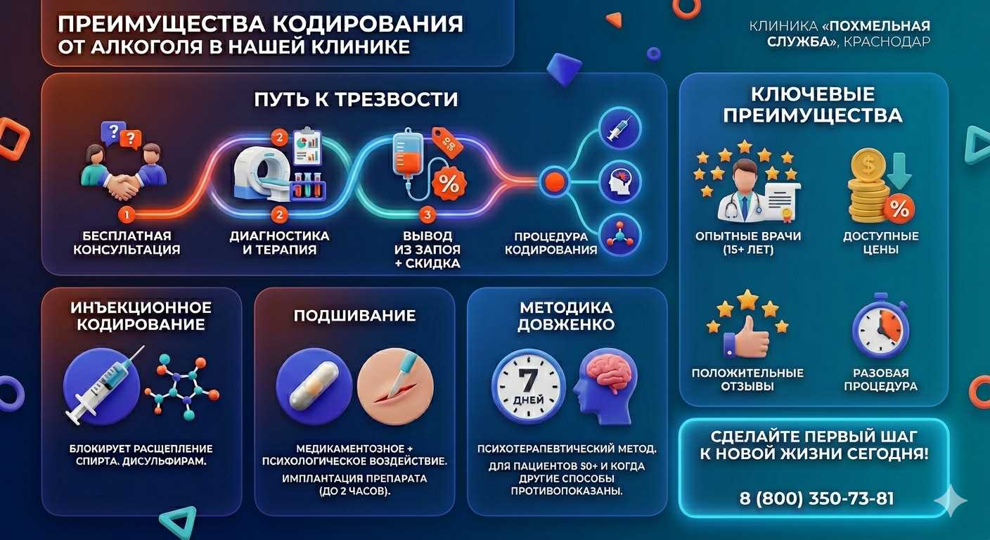 Инфографика о методах кодирования от алкоголя в Лагани: инъекции, подшивание, метод Довженко. Преимущества клиники и этапы лечения.
