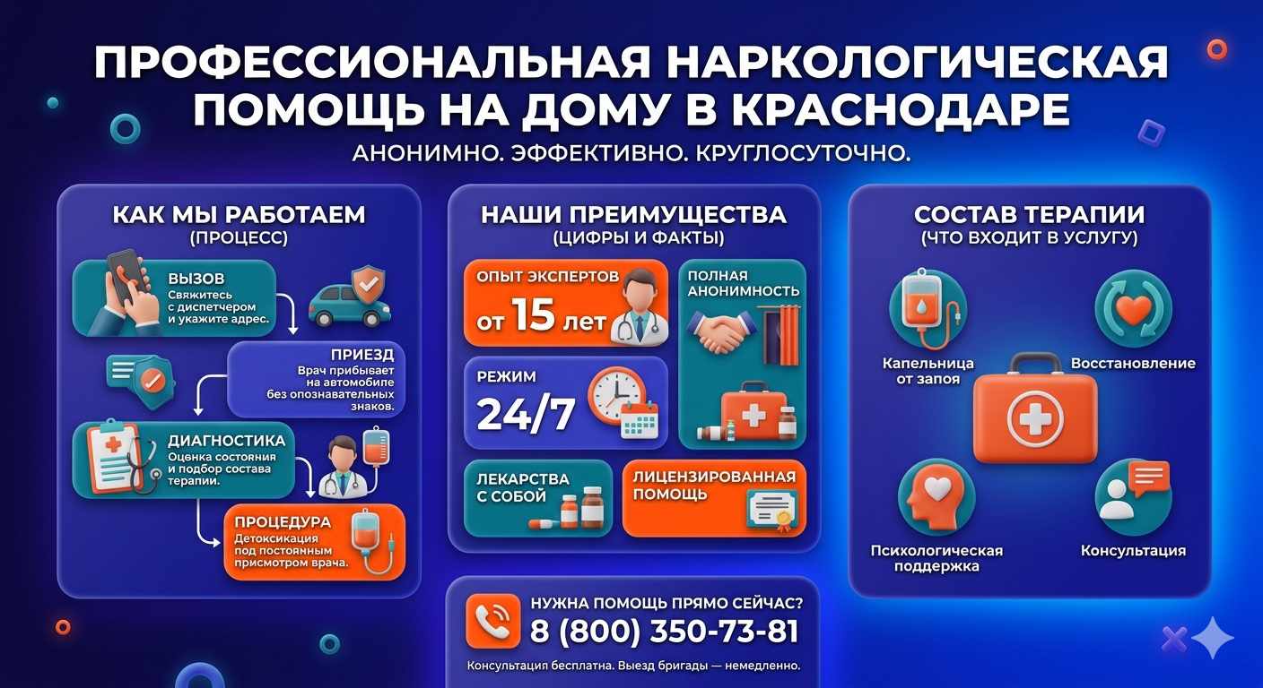 Инфографика о принципах лечения алкоголизма на дому в Лагани: этапы вызова нарколога, преимущества анонимной детоксикации и состав медицинской помощи.